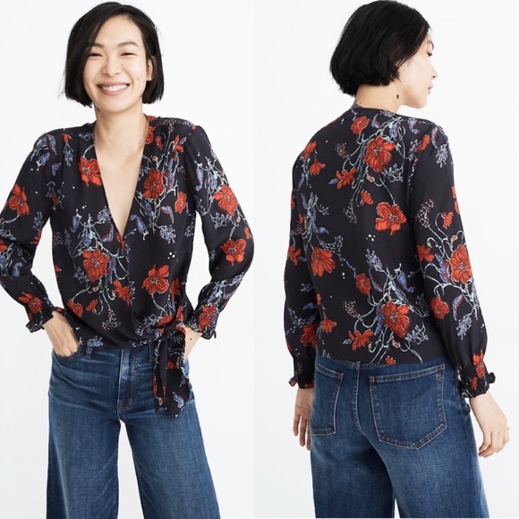 Madewell Tops - MADEWELL floral silk smocked sleeve wrap top M